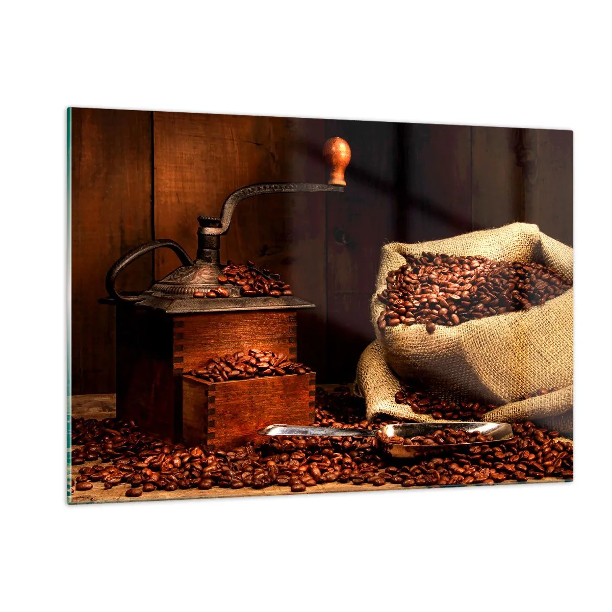 Glastavla - Bild på glas - Stilleben med kaffebönor och kvarn - 120x80 cm