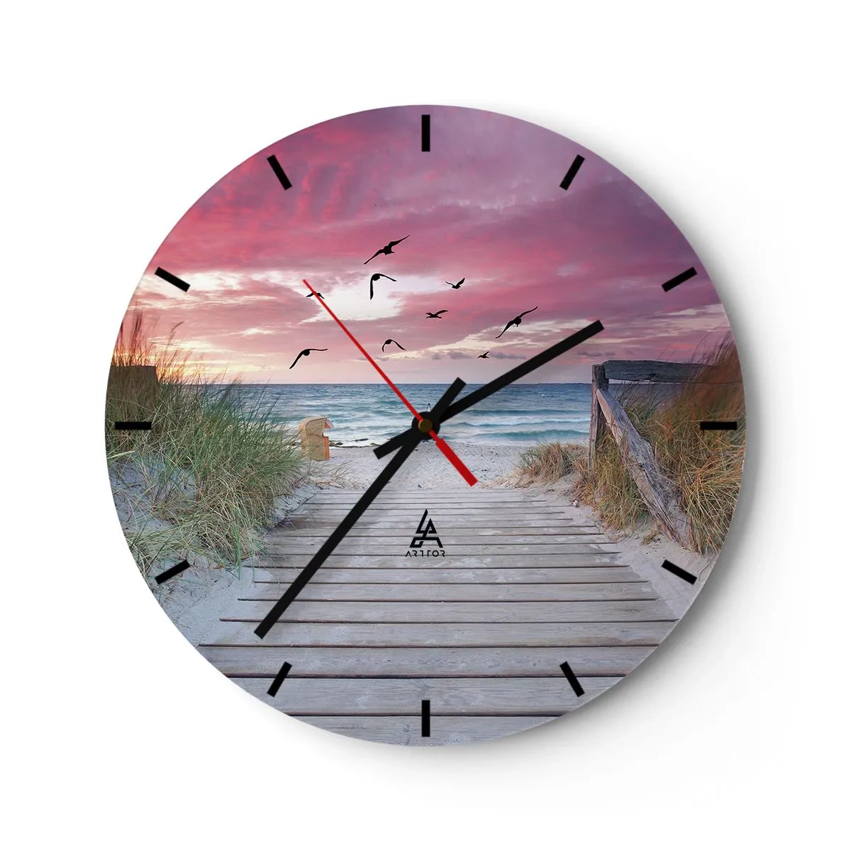 Väggklocka - Klocka på glas - Träbrygga som leder till stranden vid solnedgången - 30x30cm - Östersjöimpression - Modern väggdekoration för vardagsrum, kök och sovrum ARTTOR