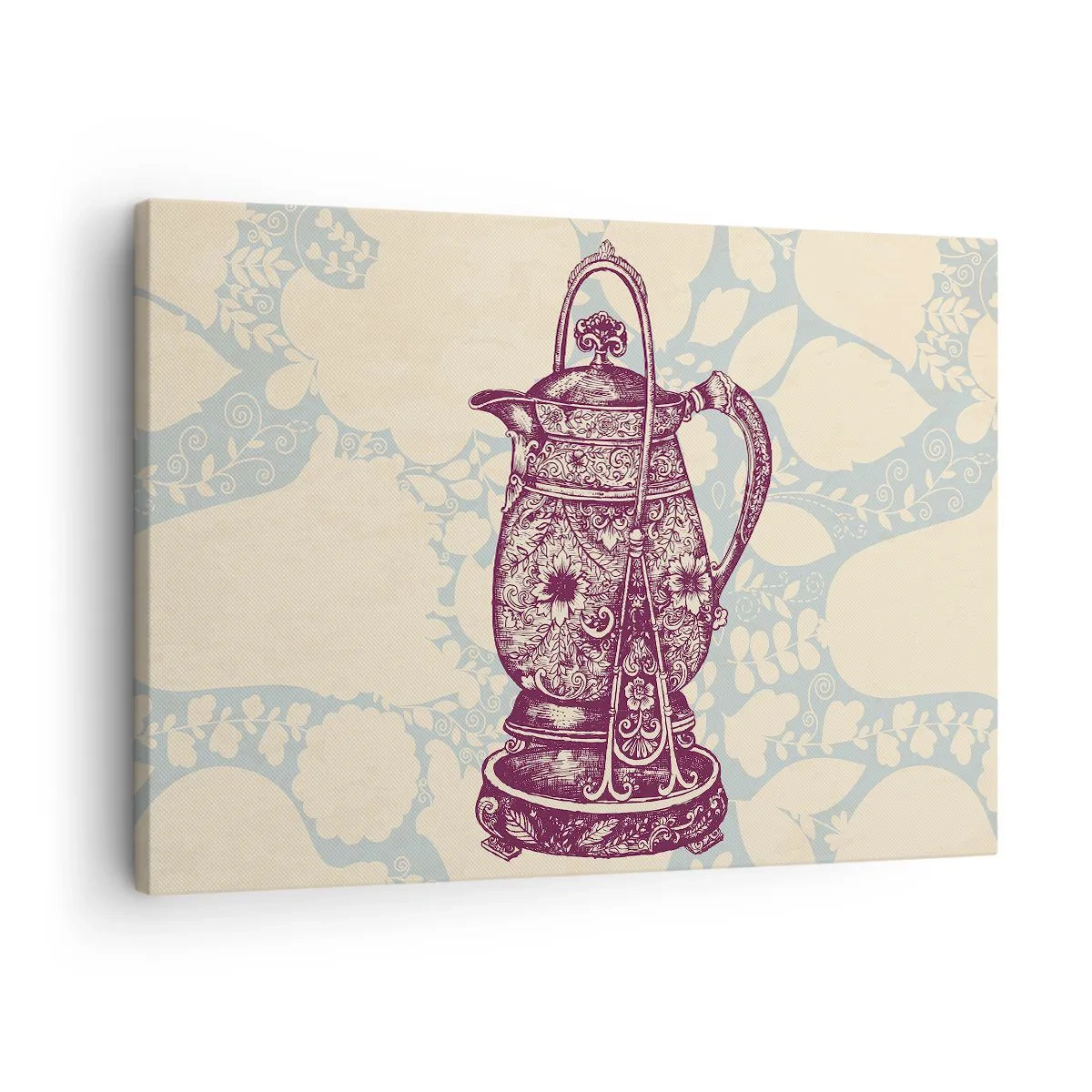 Canvastavla - Bild på duk - Stiliserad kanna med ornament på en blommig bakgrund - 70x50cm - Skönhet av det vardagliga livet - Modern väggdekoration för vardagsrum och sovrum ARTTOR