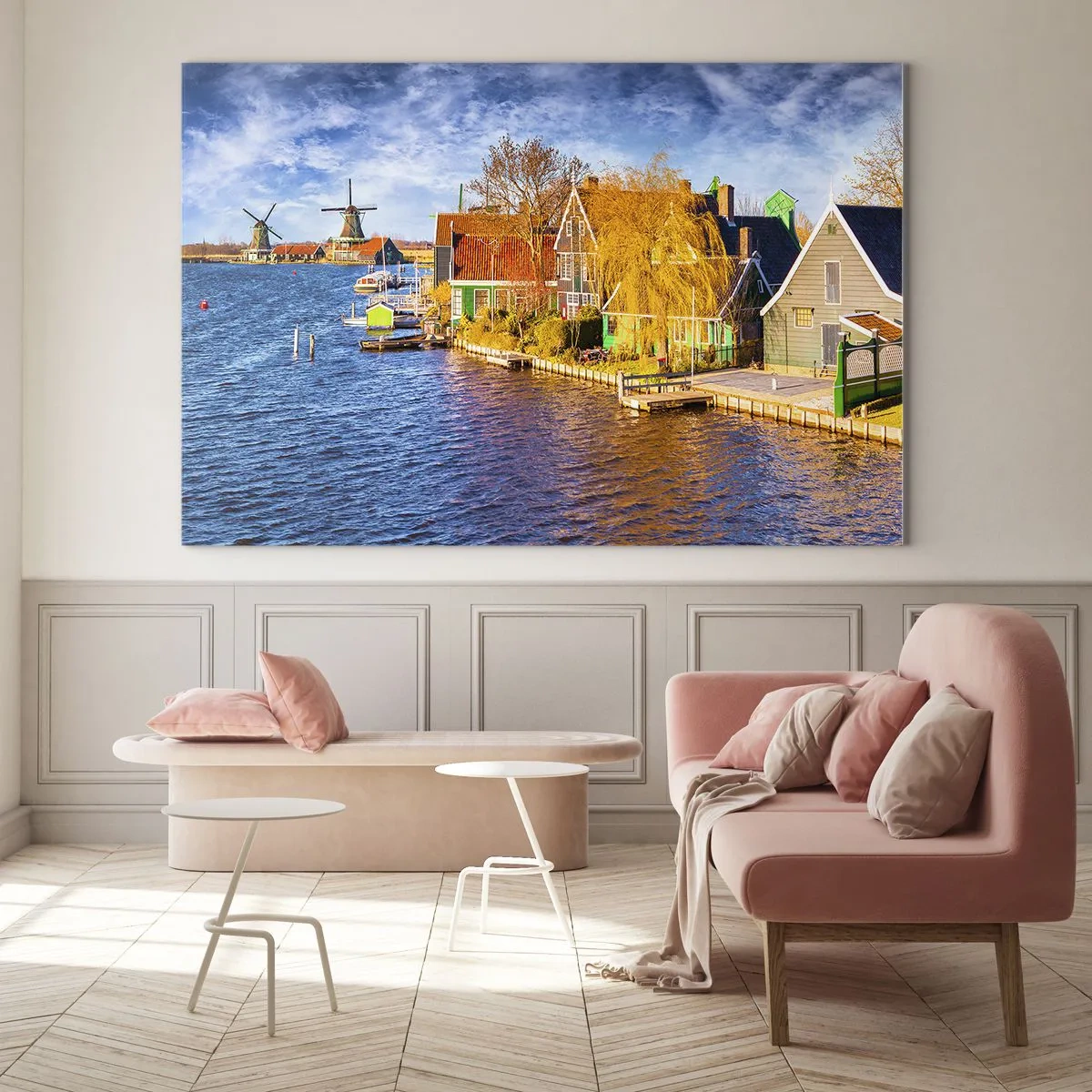 Glastavla - Bild på glas - Pittoreska holländska hus vid vattnet med väderkvarnar - 70x50cm - Ingen ändring sedan århundraden - Modern väggdekoration för vardagsrum och sovrum ARTTOR