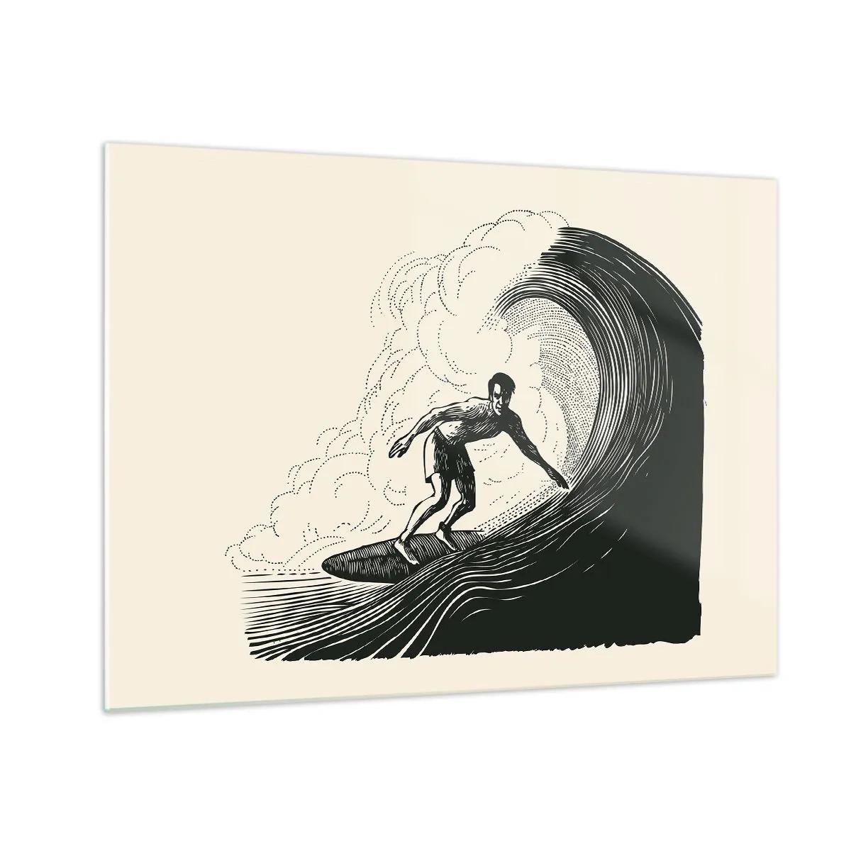Glastavla - Bild på glas - Surfare som rider på en hög våg i retrostil - 70x50cm - Vågens kung - Modern väggdekoration för vardagsrum och sovrum ARTTOR
