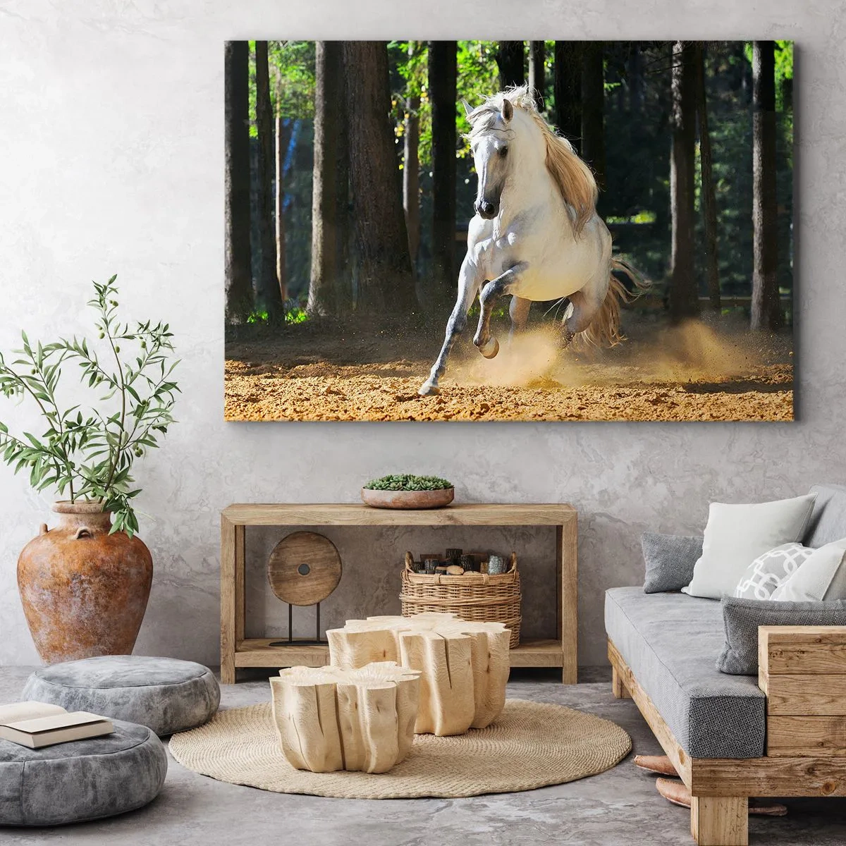 Canvastavla - Bild på duk - En vit häst galopperar genom en skogsglänta - 70x50cm - Som från en fantasybok - Modern väggdekoration för vardagsrum och sovrum ARTTOR