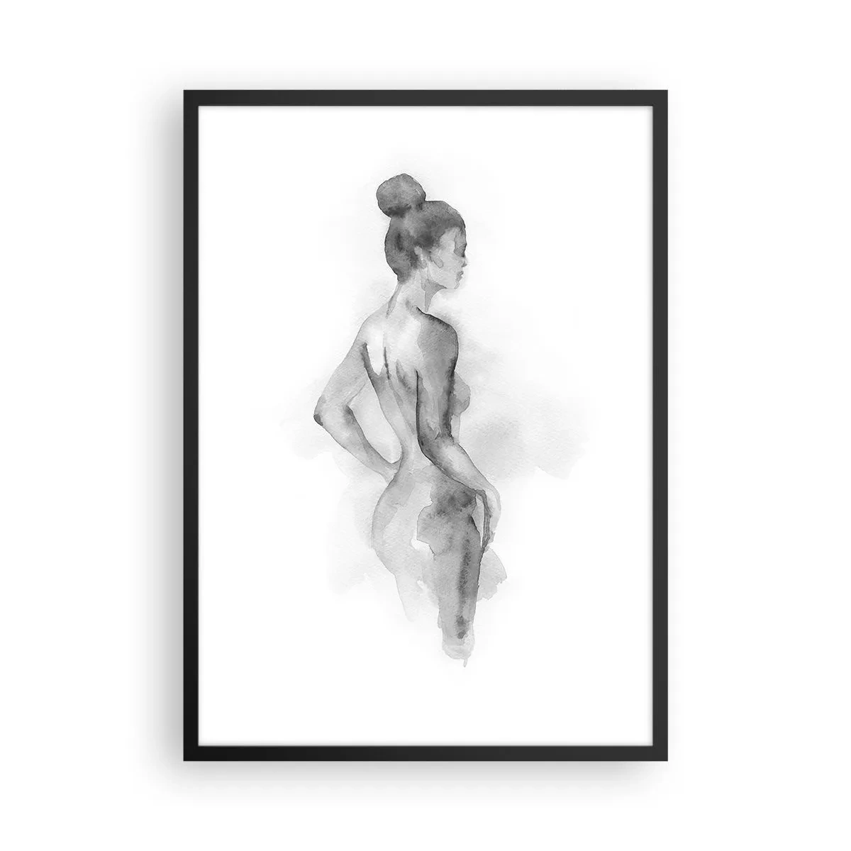 Affisch i svart ram - Ett subtilt akvarellporträtt av en kvinna i grå nyanser. - 50x70cm - Vacker som målandet - Modern väggdekoration för vardagsrum och sovrum ARTTOR