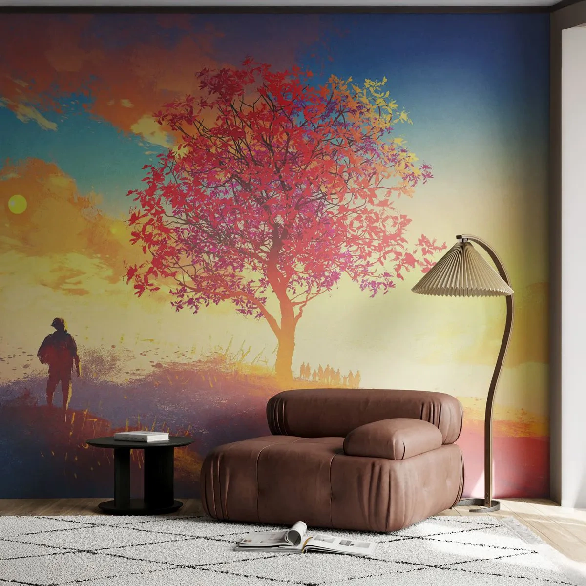 Självhäftande Fototapet Deluxe Sticker - Pilgrim i målet - Landskap, Träd, Vandrare - 250x175 cm