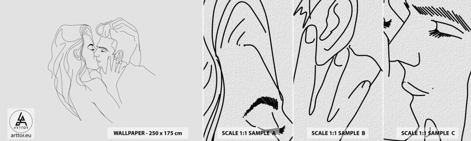 Fototapet Prov Standard Eco - Med samma streck - Grafik, Förälskade par, Kyss - 100x30 cm