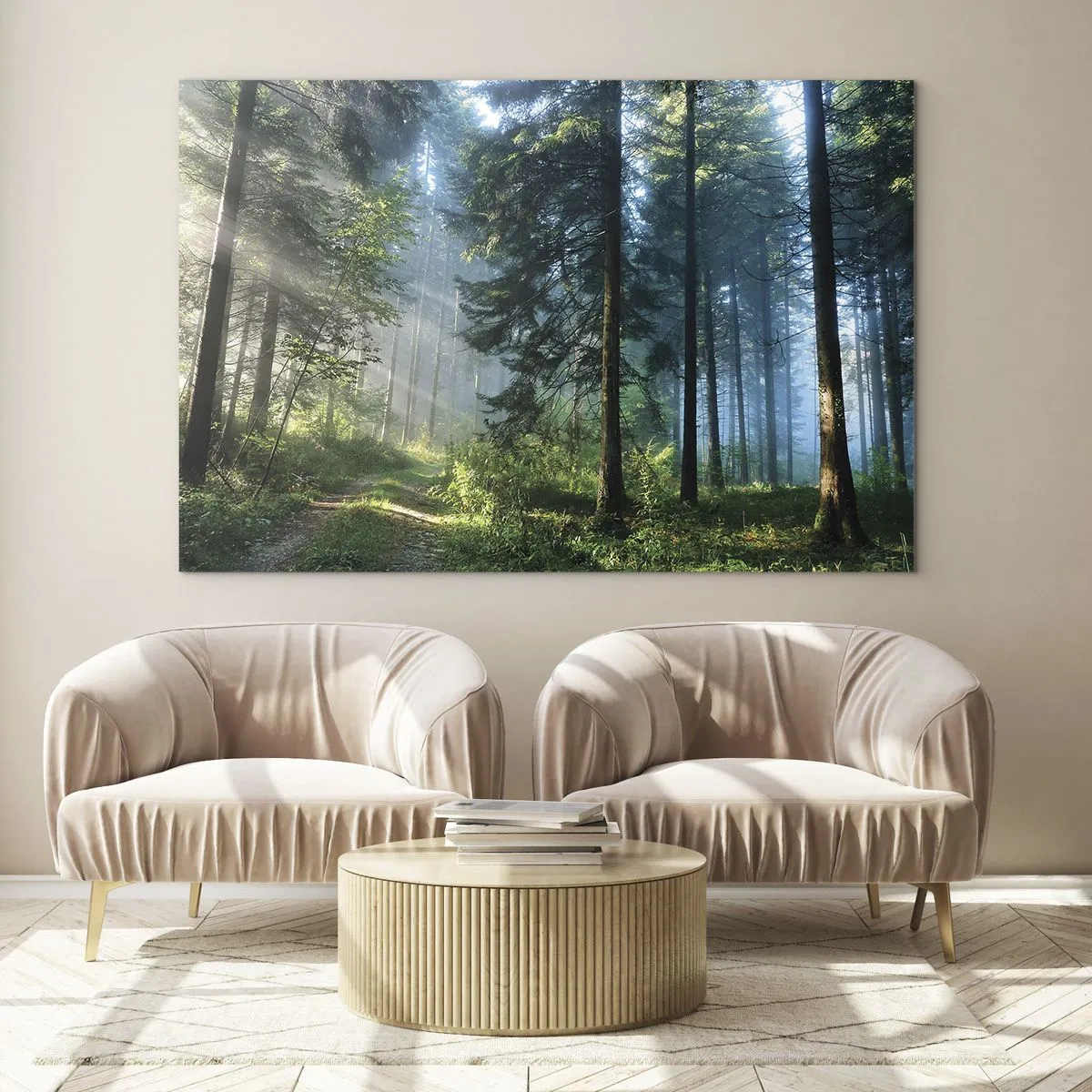 Glastavla - Bild på glas - En skogsstig i morgondimman bland höga träd - 70x50cm - Strålande på morgonen - Modern väggdekoration för vardagsrum och sovrum ARTTOR