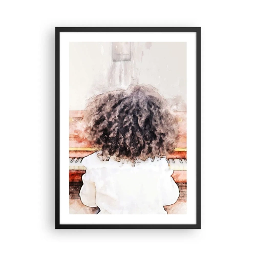 Affisch i svart ram - Ett barn med frodiga lockar som spelar piano i akvarellstil - 50x70cm - I en ny värld - Modern väggdekoration för vardagsrum och sovrum ARTTOR