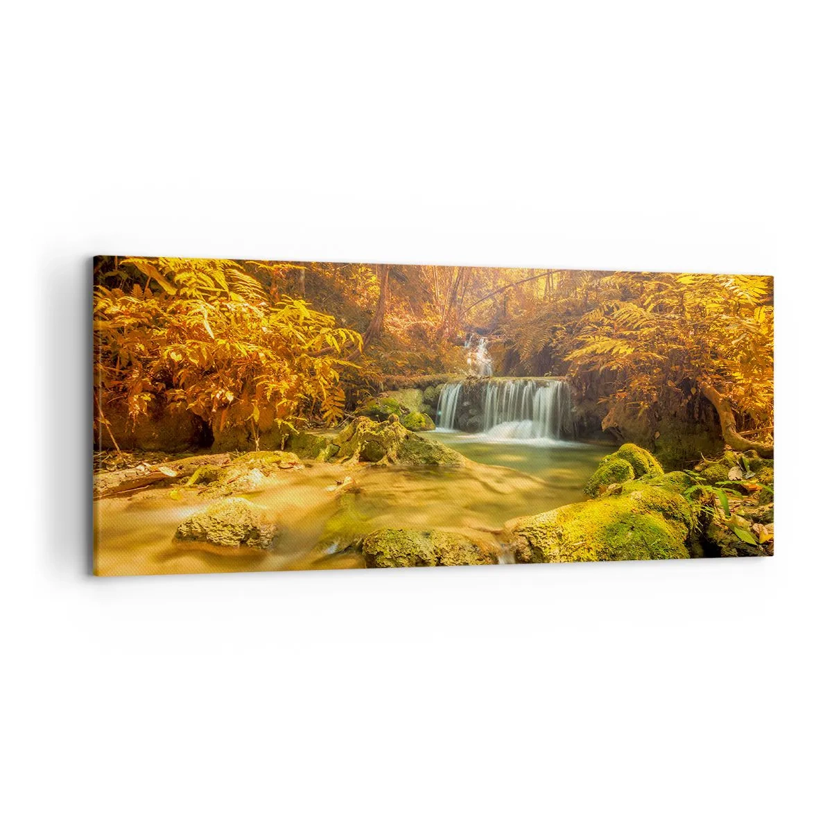Canvastavla - Bild på duk - Skogkaskad i gult - 120x50 cm