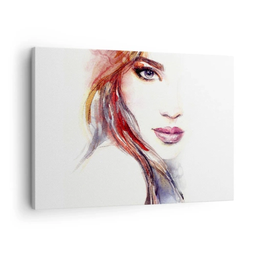 Canvastavla - Bild på duk - En subtil akvarell av en kvinnas ansikte med en uttrycksfull blick. - 70x50cm - Vademecum - följ efter mig - Modern väggdekoration för vardagsrum och sovrum ARTTOR