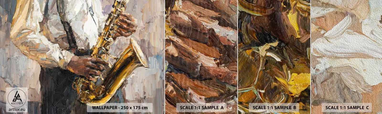 Provbit av fototapet Premium Sand - Dags för solo - Saxofon, musik, Målning - 100x30 cm