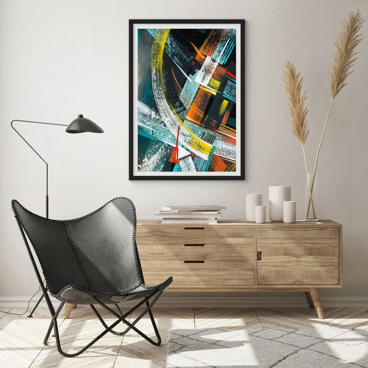Affisch i svart ram - Abstraktion i intensiva färger med geometriska former - 50x70cm - Rörelsens energi - Modern väggdekoration för vardagsrum och sovrum ARTTOR