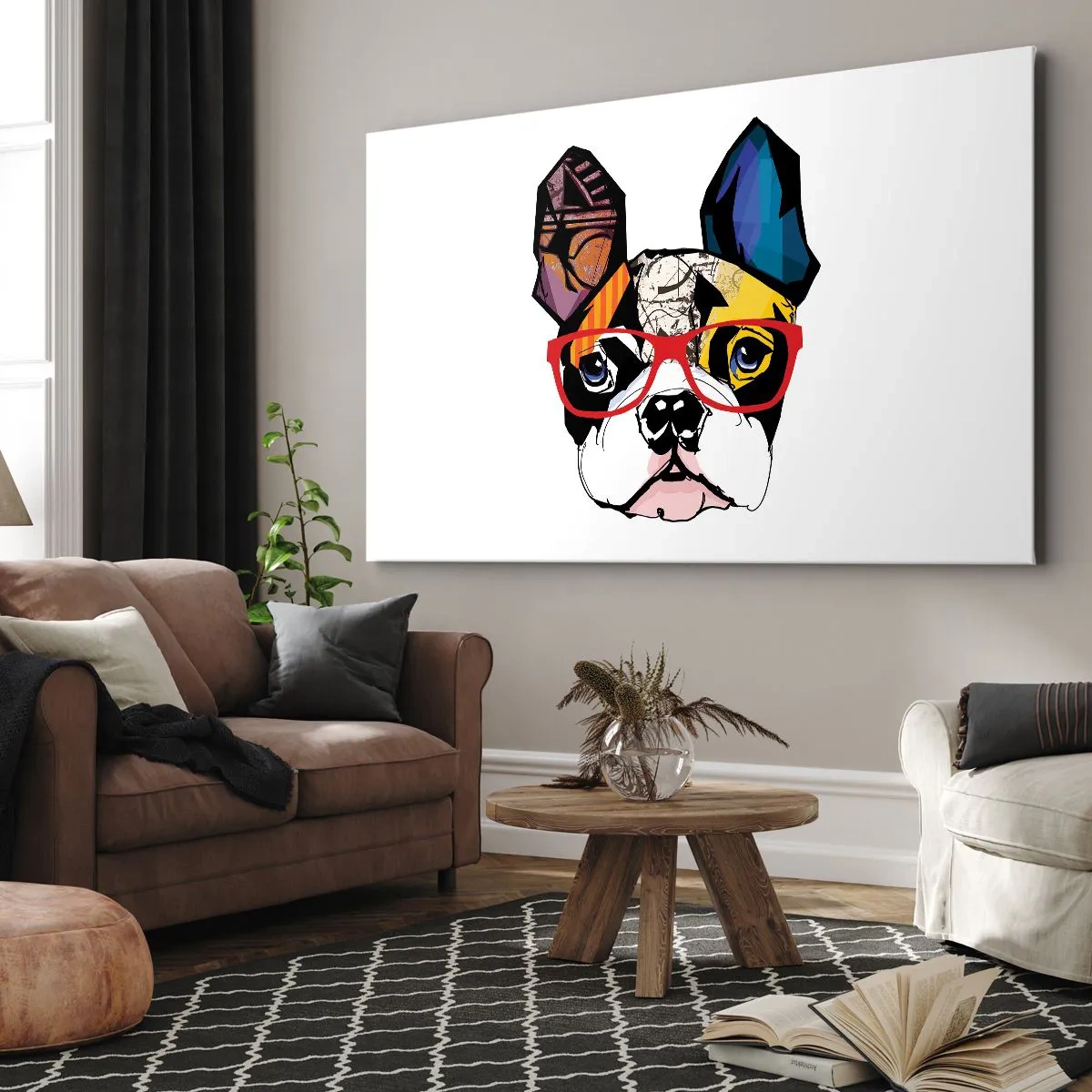 Canvastavla - Bild på duk - Bulldogg i en färgglad illustration med röda glasögon - 70x50cm - Intellektuell - Modern väggdekoration för vardagsrum och sovrum ARTTOR