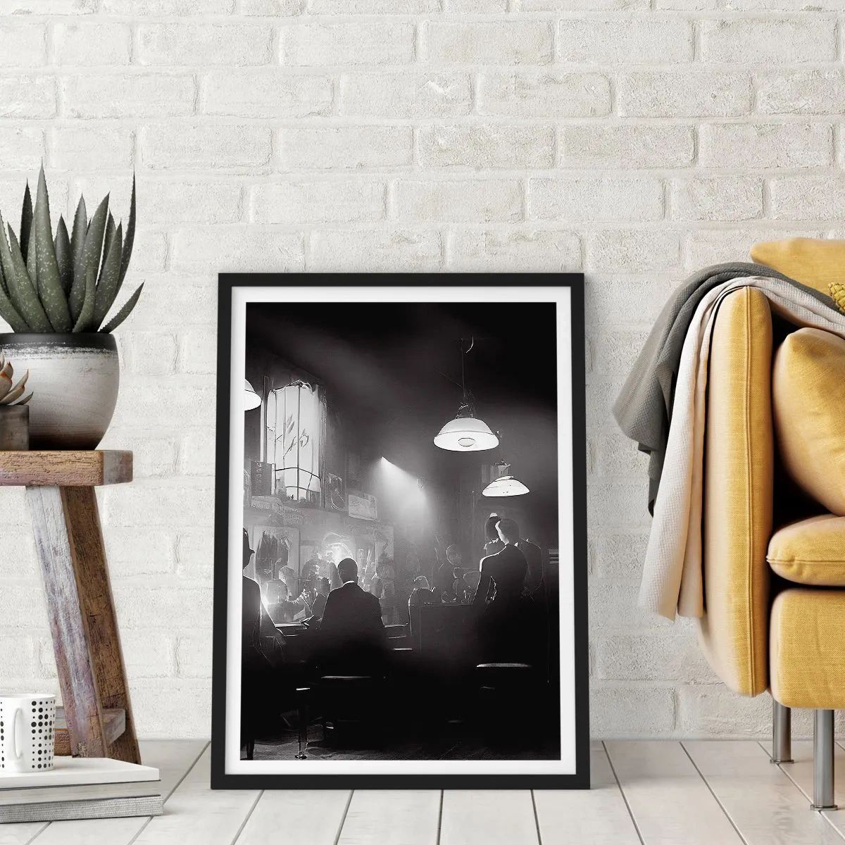 Affisch i svart ram - En svartvit scen från en stämningsfull jazznattklubb - 50x70cm - I en jazzig stämning - Modern väggdekoration för vardagsrum och sovrum ARTTOR