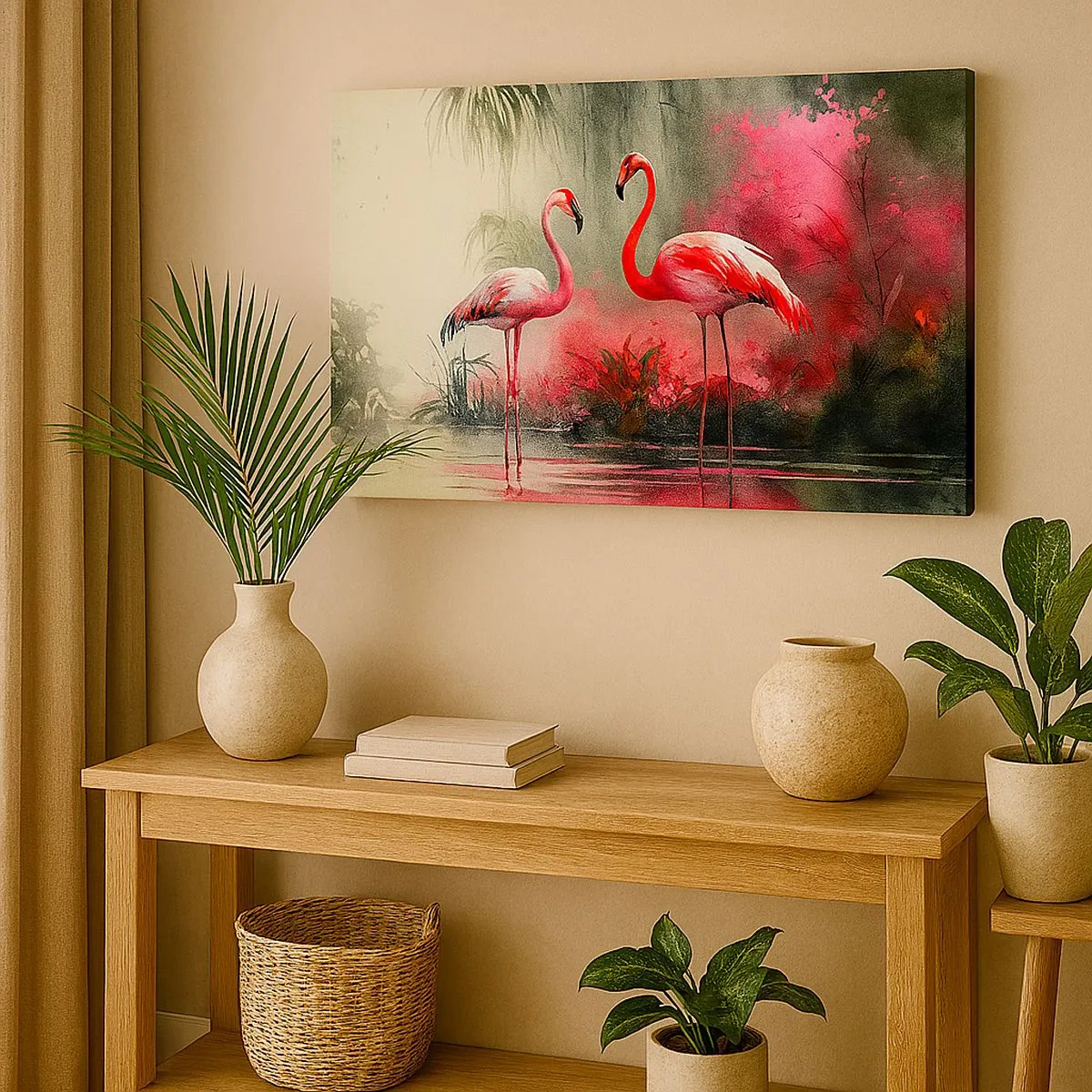 Canvastavla - Bild på duk - Flamingos vid vattnet omgivna av vegetation - 70x50cm - En lektion i naturlig charm - Modern väggdekoration för vardagsrum och sovrum ARTTOR