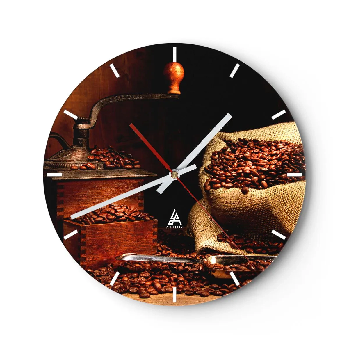 Väggklocka - Klocka på glas - Stilleben med kaffebönor och kvarn - 40x40 cm