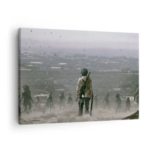 Canvastavla - Bild på duk - En figur med en pistol står framför en grupp i ett dystopiskt landskap. - 70x50cm - Den siste rättvise? - Modern väggdekoration för vardagsrum och sovrum ARTTOR