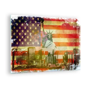 Glastavla - Bild på glas - Amerikansk flagga med silhuetten av Frihetsgudinnan och stadsbilden - 70x50cm - Viva America! - Modern väggdekoration för vardagsrum och sovrum ARTTOR