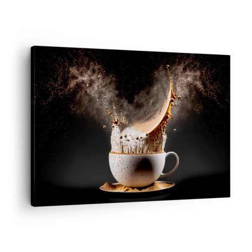 Canvastavla - Bild på duk - En kopp kaffe med en dynamisk explosion av vätska mot en svart bakgrund. - 70x50cm - Smakexplosion - Modern väggdekoration för vardagsrum och sovrum ARTTOR