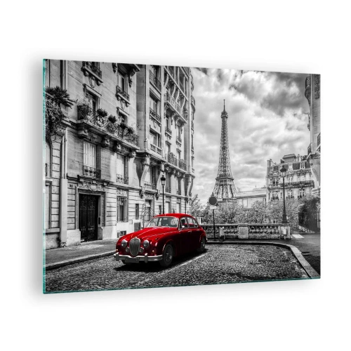Glastavla - Bild på glas - Röd bil framför Eiffeltornet i svartvitt Paris - 70x50cm - Rovdjuret i staden - Modern väggdekoration för vardagsrum och sovrum ARTTOR