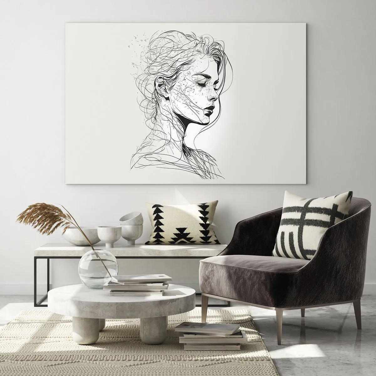 Glastavla - Bild på glas - En svartvit skiss av en kvinna med slutna ögon i en fin linje. - 70x50cm - Porträtt i drömmar - Modern väggdekoration för vardagsrum och sovrum ARTTOR