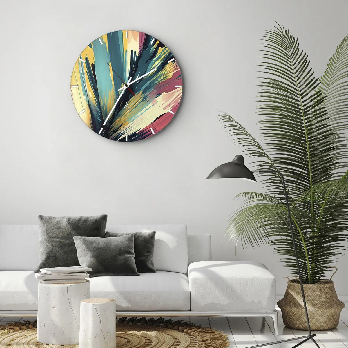 Väggklocka - Klocka på glas - En explosion av färger i stil med uttrycksfulla penseldrag. - 30x30cm - Komposition - en explosion av glädje - Modern väggdekoration för vardagsrum, kök och sovrum ARTTOR