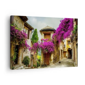 Canvastavla - Bild på duk - En stengata med rosa blommor och hus - 70x50cm - Under blommig baldakin - Modern väggdekoration för vardagsrum och sovrum ARTTOR