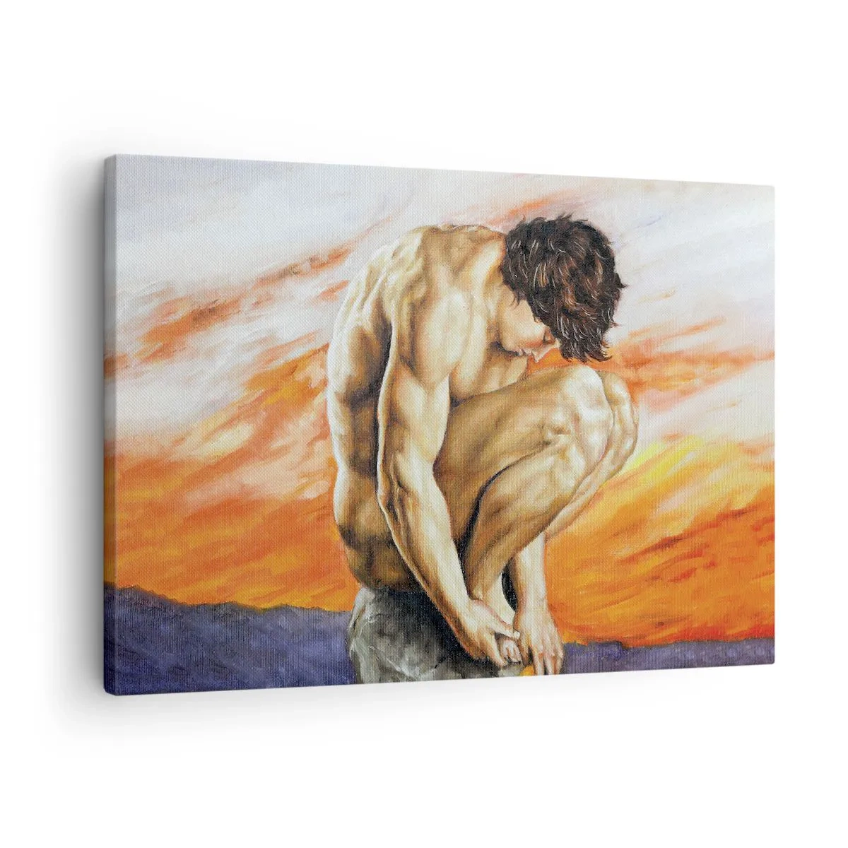 Canvastavla - Bild på duk - En man försjunken i tankar mot bakgrund av en solnedgång - 70x50cm - Försänkt i sig själv - Modern väggdekoration för vardagsrum och sovrum ARTTOR