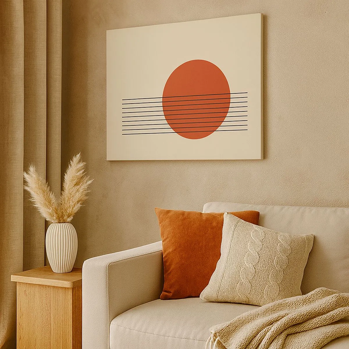 Canvastavla - Bild på duk - Abstrakt röd cirkel med linjer på en beige bakgrund. - 70x50cm - Cirkel och linjer - Modern väggdekoration för vardagsrum och sovrum ARTTOR