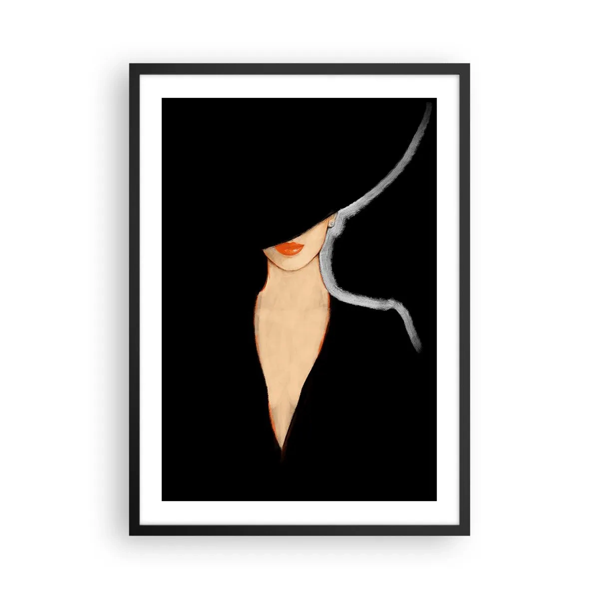 Affisch i svart ram - En kvinna i hatt med röda läppar mot svart bakgrund - 50x70cm - Elegans och stil - Modern väggdekoration för vardagsrum och sovrum ARTTOR