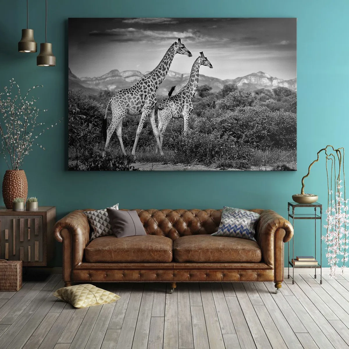 Canvastavla - Bild på duk - Svartvita silhuetter av två giraffer i savannen - 70x50cm - Högre klasser i Afrika - Modern väggdekoration för vardagsrum och sovrum ARTTOR