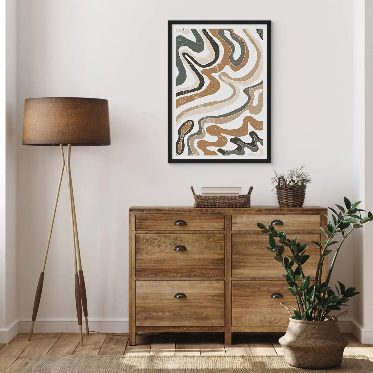 Affisch i svart ram - Abstrakta organiska mönster i jordnära toner - 50x70cm - Meandrar av jordnära färger - Modern väggdekoration för vardagsrum och sovrum ARTTOR