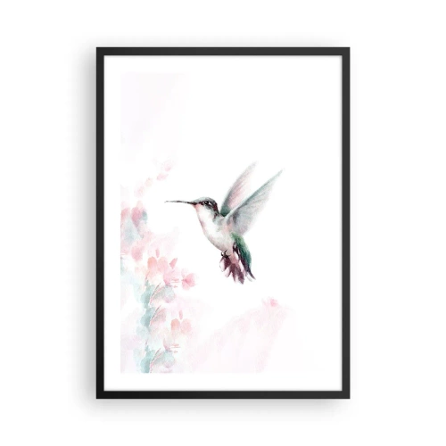 Affisch i svart ram - Kolibri i flykt med en delikat blommig bakgrund - 50x70cm - Fångad flaxande - Modern väggdekoration för vardagsrum och sovrum ARTTOR