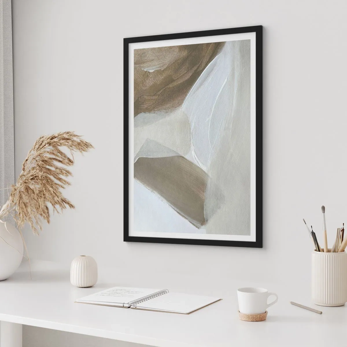 Affisch i svart ram - Minimalistisk abstraktion i beige nyanser - 50x70cm - Våg av vitt - Modern väggdekoration för vardagsrum och sovrum ARTTOR