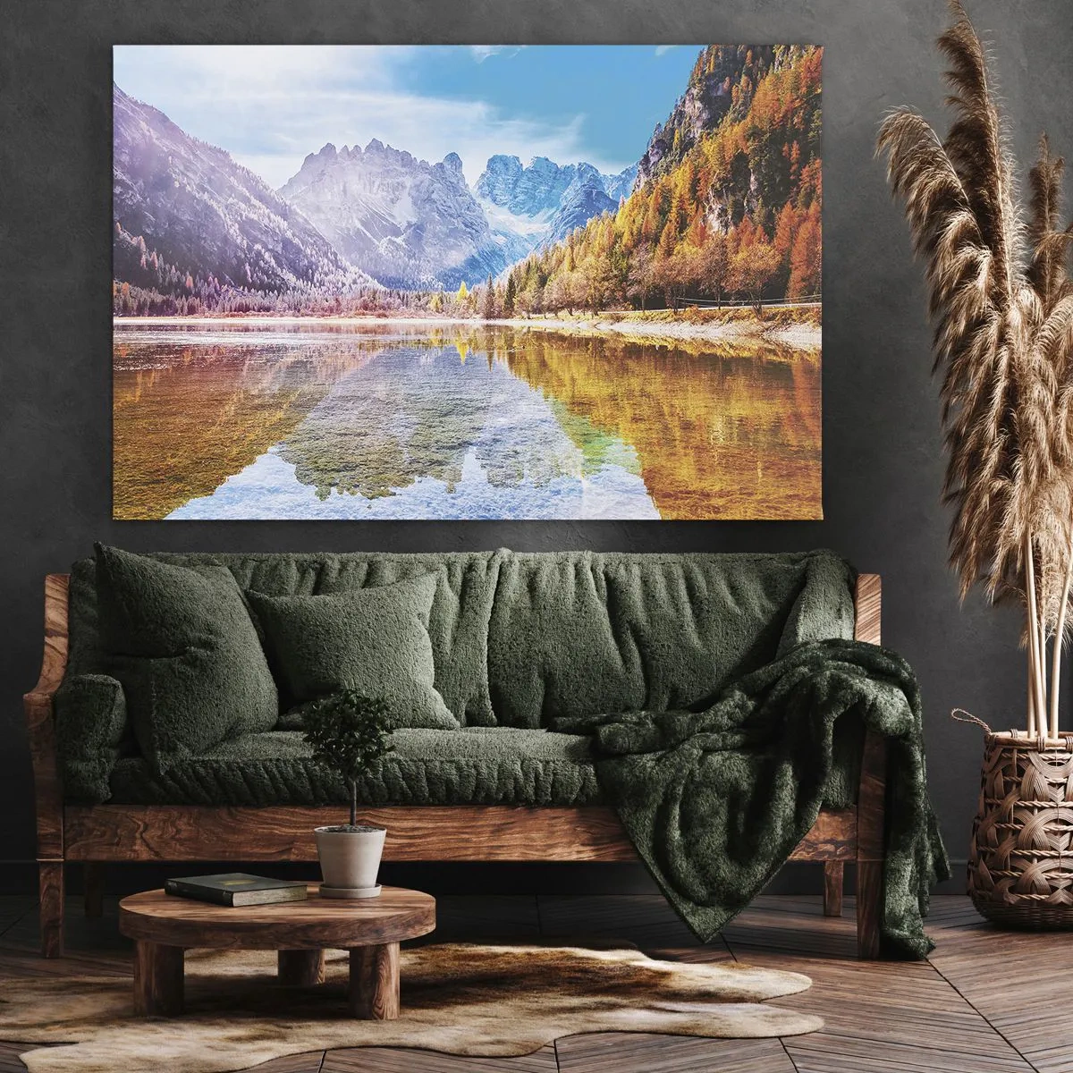 Canvastavla - Bild på duk - Höstbergslandskap med en sjö - 70x50cm - Det är redan höst i fjällen - Modern väggdekoration för vardagsrum och sovrum ARTTOR