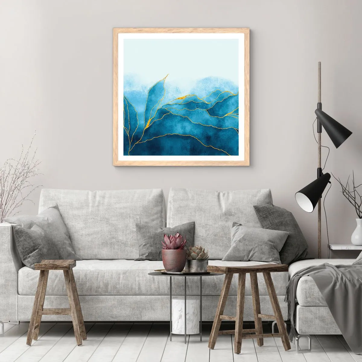 Affisch i ram av ljusek - Blått i guld - 60x60 cm