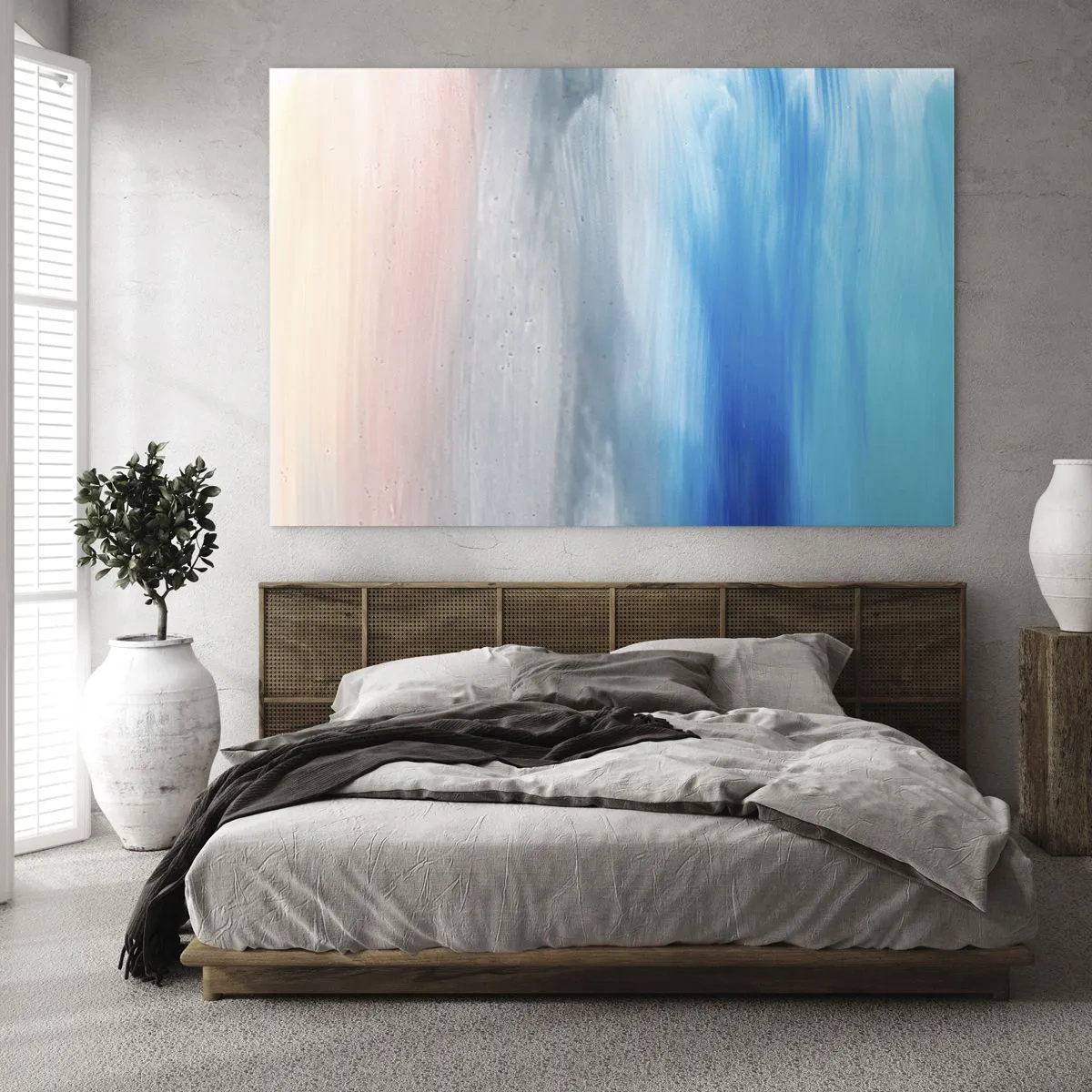 Glastavla - Bild på glas - Vertikala strimmor av pastell- och blå färger i abstrakt stil. - 70x50cm - Element: luft - Modern väggdekoration för vardagsrum och sovrum ARTTOR
