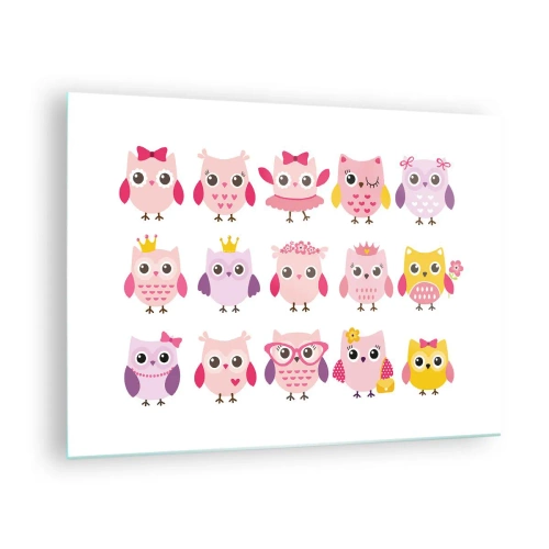 Glastavla - Bild på glas - Färgglada ugglor i olika mönster på vit bakgrund - 70x50cm - Den ena sötare än den andra - Modern väggdekoration för vardagsrum och sovrum ARTTOR