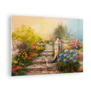 Glastavla - Bild på glas - En blomsterträdgård med en fontän i full blom - 70x50cm - Fullt blommande - Modern väggdekoration för vardagsrum och sovrum ARTTOR