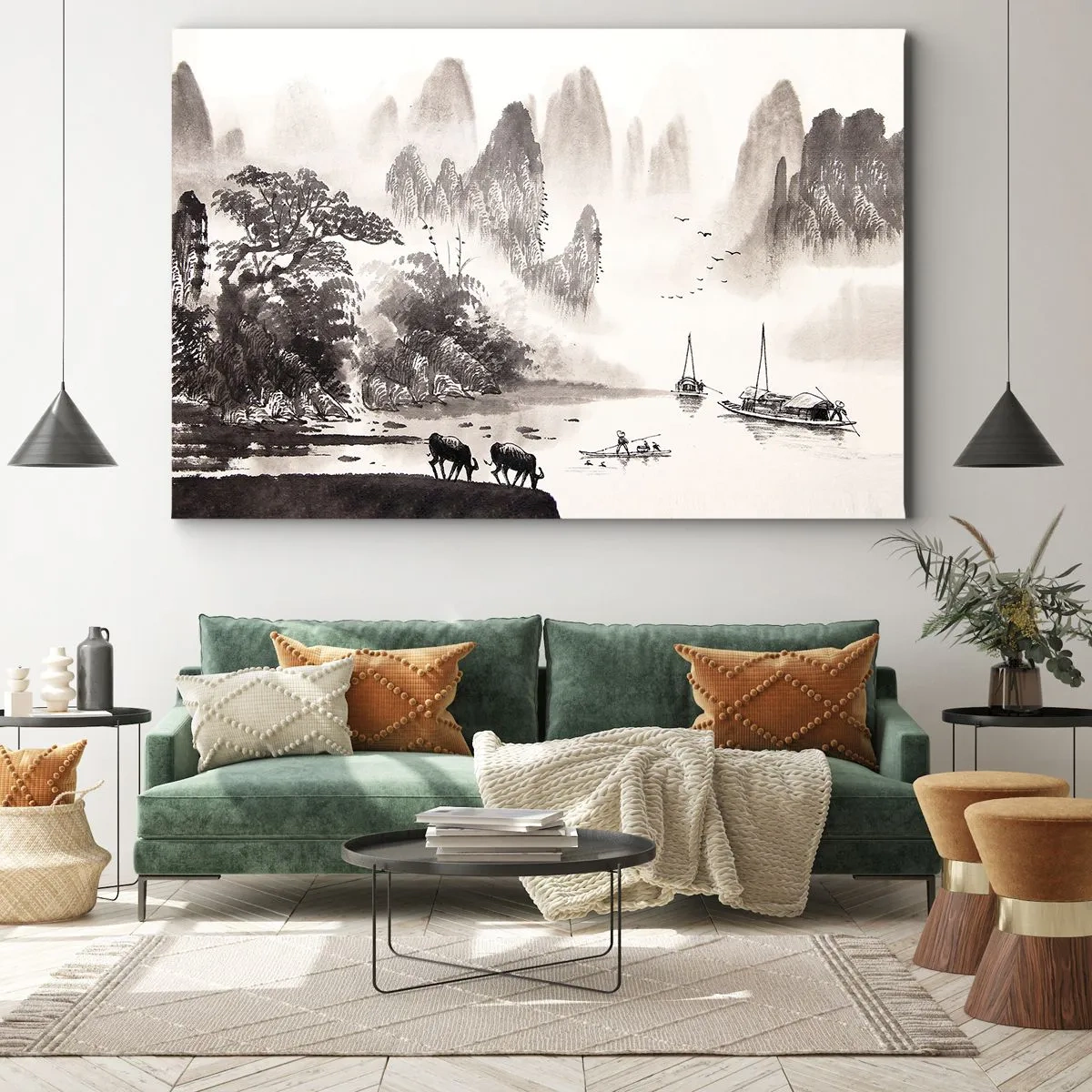 Canvastavla - Bild på duk - Ett pittoreskt landskap i asiatisk stil med dimmiga berg - 70x50cm - Österns exotiska vardag - Modern väggdekoration för vardagsrum och sovrum ARTTOR
