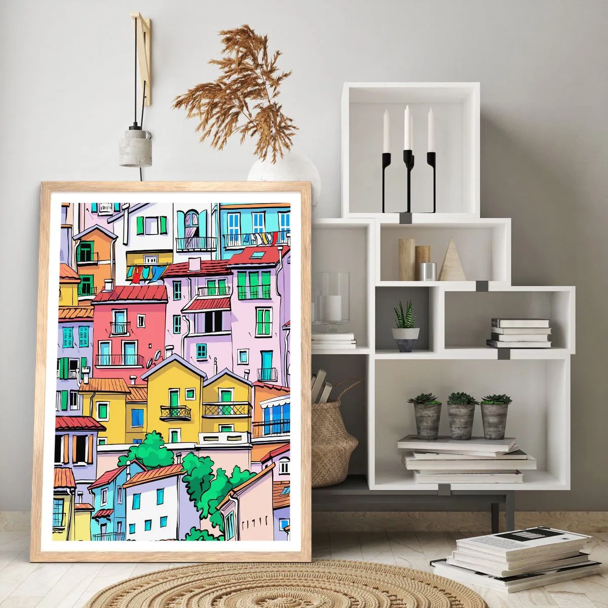 Affisch i ram av ljusek - Gladlynt stad - 61x91 cm