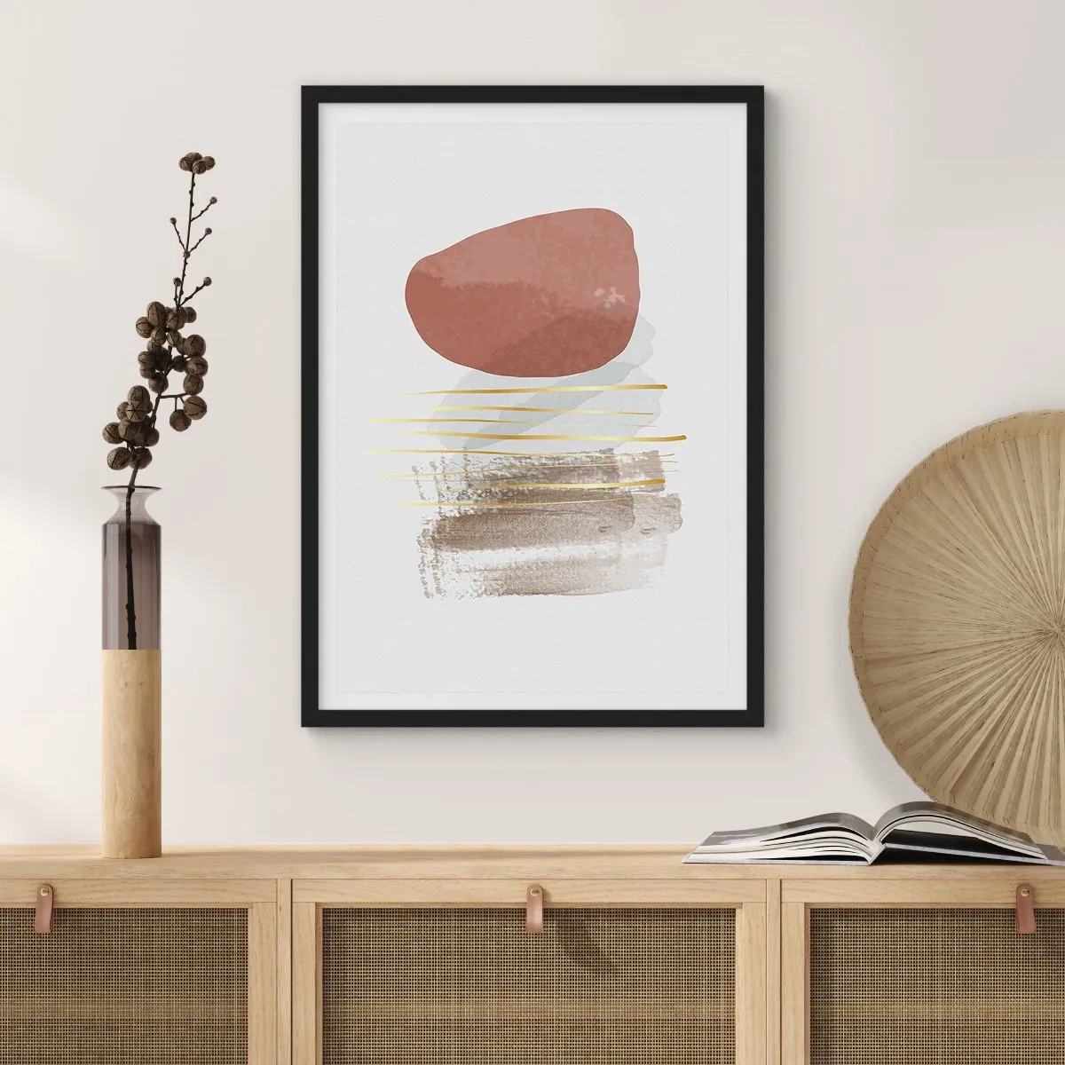Affisch i svart ram - Minimalistisk abstraktion med geometriska former och gyllene linjer - 50x70cm - Abstrakt pelargång - Modern väggdekoration för vardagsrum och sovrum ARTTOR