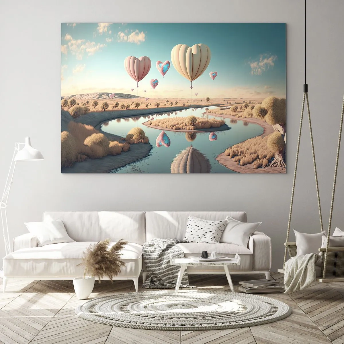 Glastavla - Bild på glas - Hjärtformade ballonger över ett sagolika landskap med en flod - 70x50cm - Kärleken låter dig sväva - Modern väggdekoration för vardagsrum och sovrum ARTTOR
