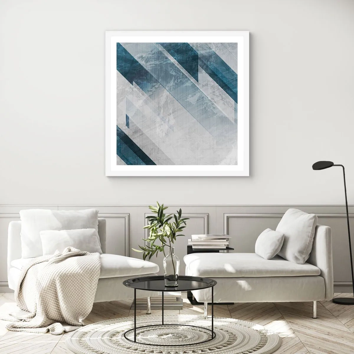 Affisch i vit ram - Tredimensionell komposition – gråhetens rörelse - 60x60 cm