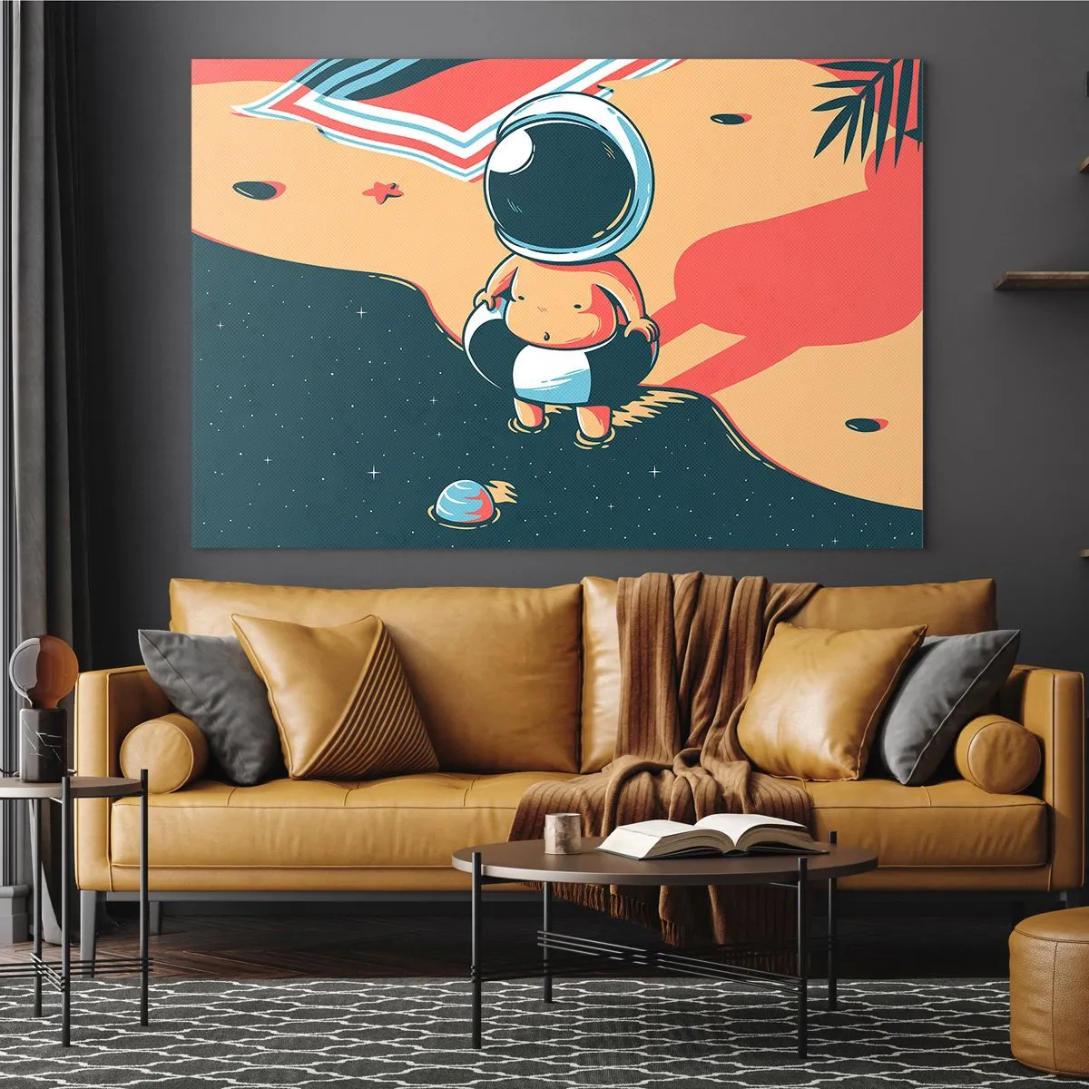 Glastavla - Bild på glas - Astronautfigur på en strand med ett kosmiskt landskap - 70x50cm - Ur ett annat perspektiv - Modern väggdekoration för vardagsrum och sovrum ARTTOR