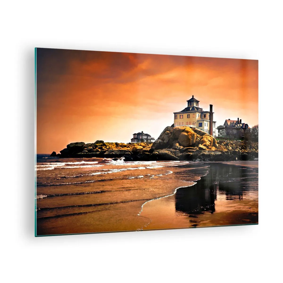Glastavla - Bild på glas - Hus på en klippa med utsikt över havet vid solnedgången - 70x50cm - Västkustens elegans - Modern väggdekoration för vardagsrum och sovrum ARTTOR