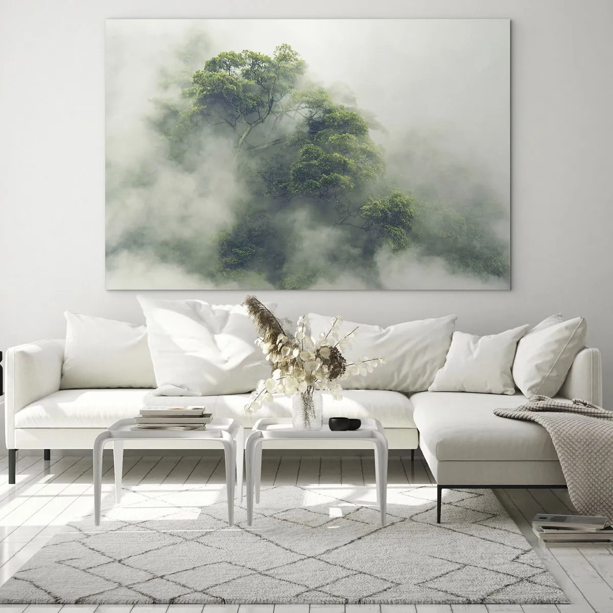 Glastavla - Bild på glas - Tropiska skogsträd som kommer fram ur tjock dimma - 70x50cm - Insvept i dimma - Modern väggdekoration för vardagsrum och sovrum ARTTOR