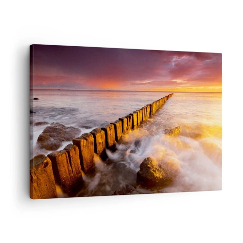Canvastavla - Bild på duk - Ett pittoreskt landskap vid havet i solnedgången - 70x50cm - MIlda vågor - Modern väggdekoration för vardagsrum och sovrum ARTTOR