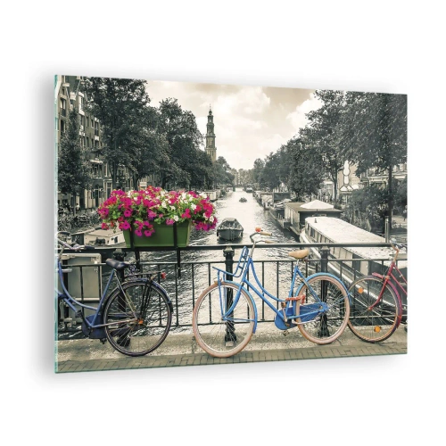 Glastavla - Bild på glas - Färgglada cyklar på kanalbron - 70x50cm - En Amsterdams gatas färger - Modern väggdekoration för vardagsrum och sovrum ARTTOR