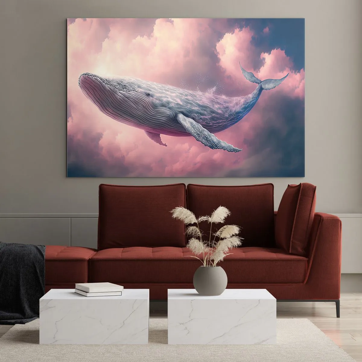 Glastavla - Bild på glas - En val som svävar i molnen med ett rosa sken - 70x50cm - Torka dina ögon - Modern väggdekoration för vardagsrum och sovrum ARTTOR