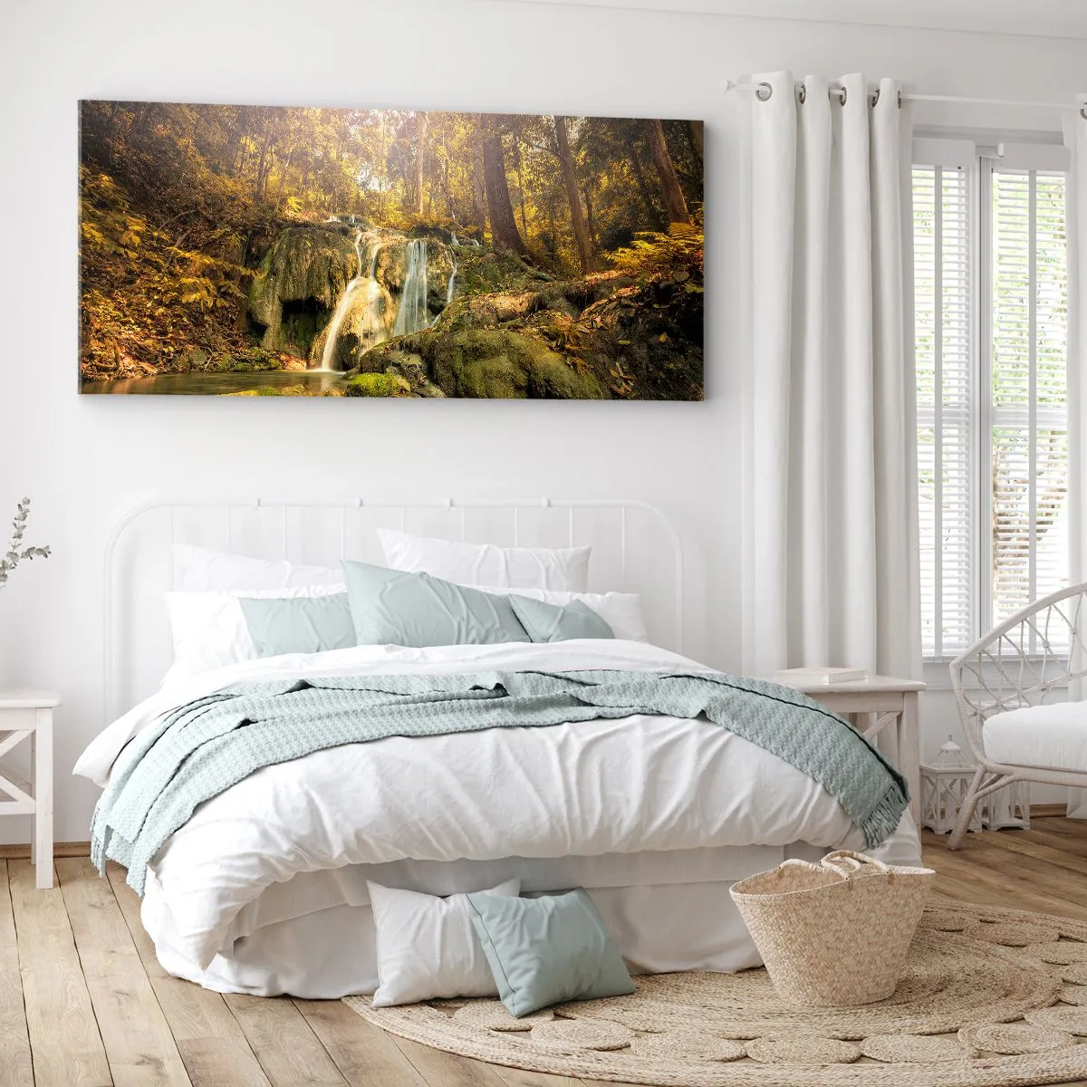 Canvastavla - Bild på duk - Skogkaskad i grönt - 90x30 cm